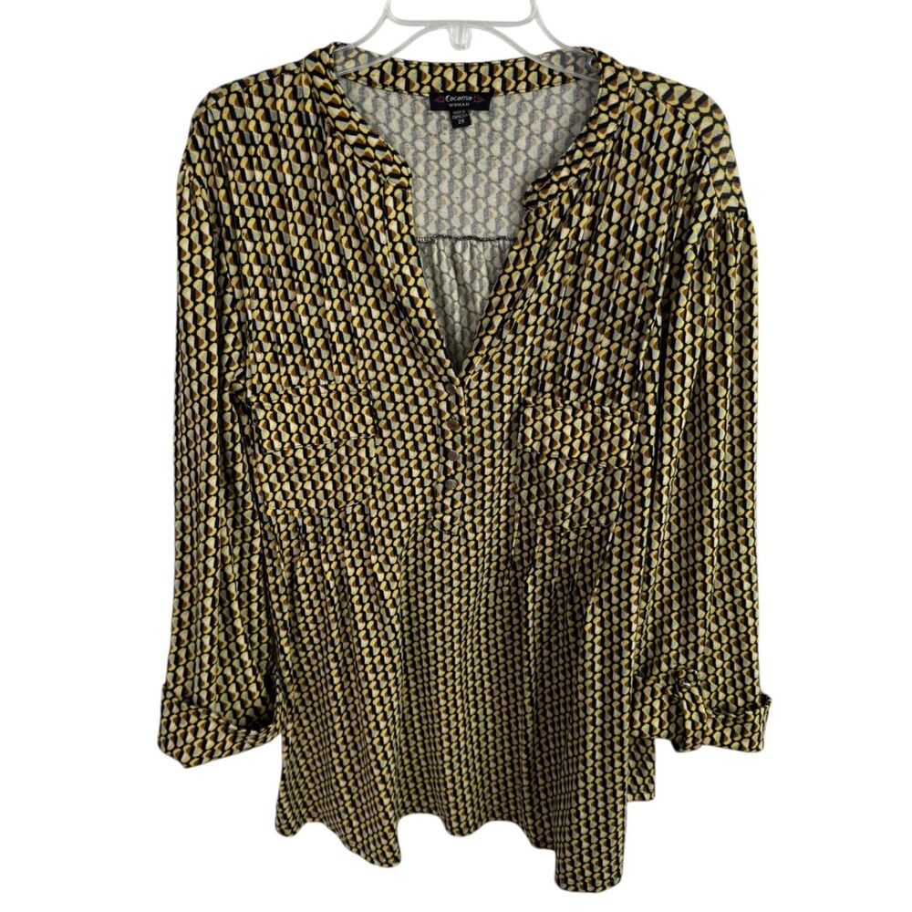 Cocomo Women's Top Size 2X Yellow/Black Print 3/4 Sleeves